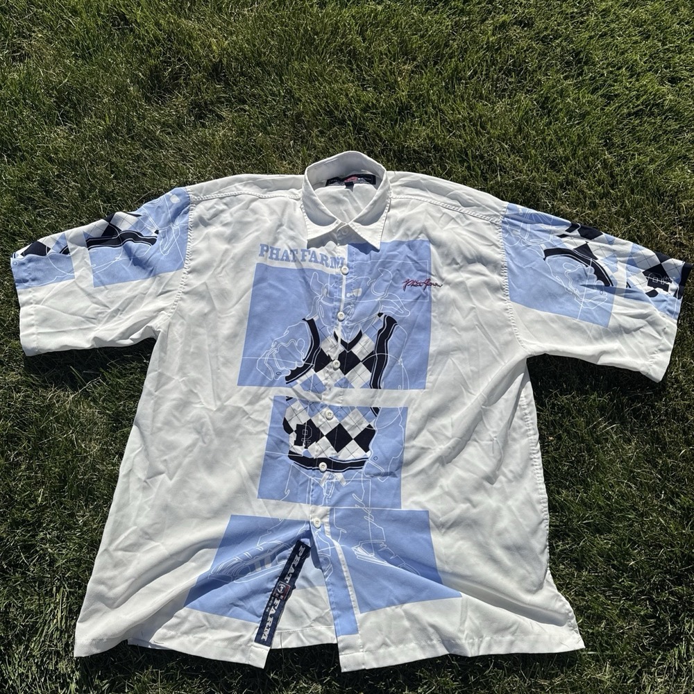 Vtg Phat Farm Button Shirt 3XL White All Over  Print Made in Korea Y2K Bull